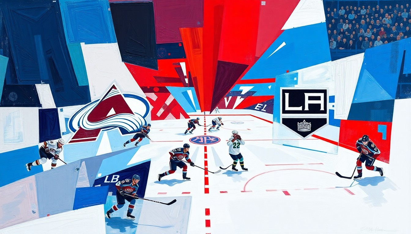 A cubist, geometric painting depicting a hockey game between the Colorado Avalanche and Los Angeles Kings, with sharp, overlapping planes of blue, red, and white representing the intense action on the ice.