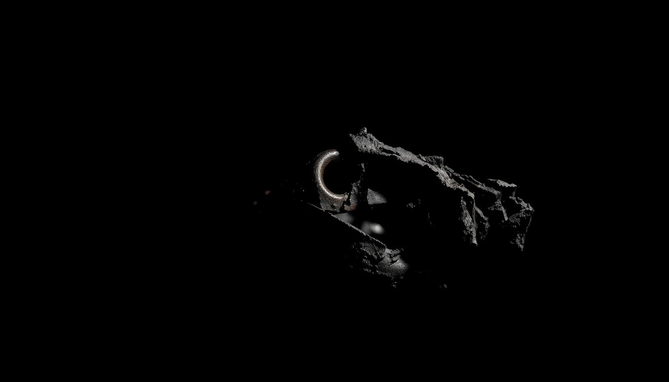 An extreme close-up of a charred, twisted piece of metal debris from a fire, captured in stark, dramatic lighting to convey the gravity of the tragic incident.