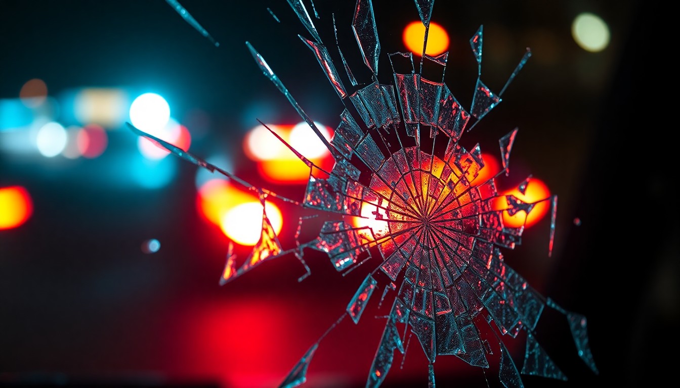 An extreme close-up of shattered car window glass reflecting the faint glow of emergency lights, conceptually representing the aftermath of a violent road rage incident.
