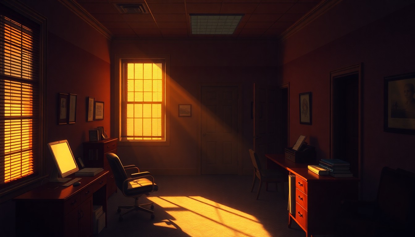 A dimly lit, cinematic painting of an empty government office space, with a lone desk and chair bathed in warm, diagonal sunlight, conveying a sense of solitude and uncertainty.