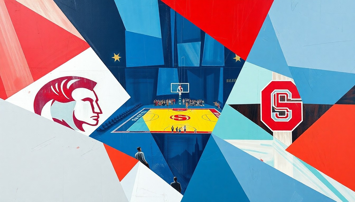 A fractured, multi-perspective painting in vibrant shades of red, white, and black, depicting a basketball game broken down into sharp, overlapping geometric shapes, conceptually representing the competitive recruiting process between two college programs.