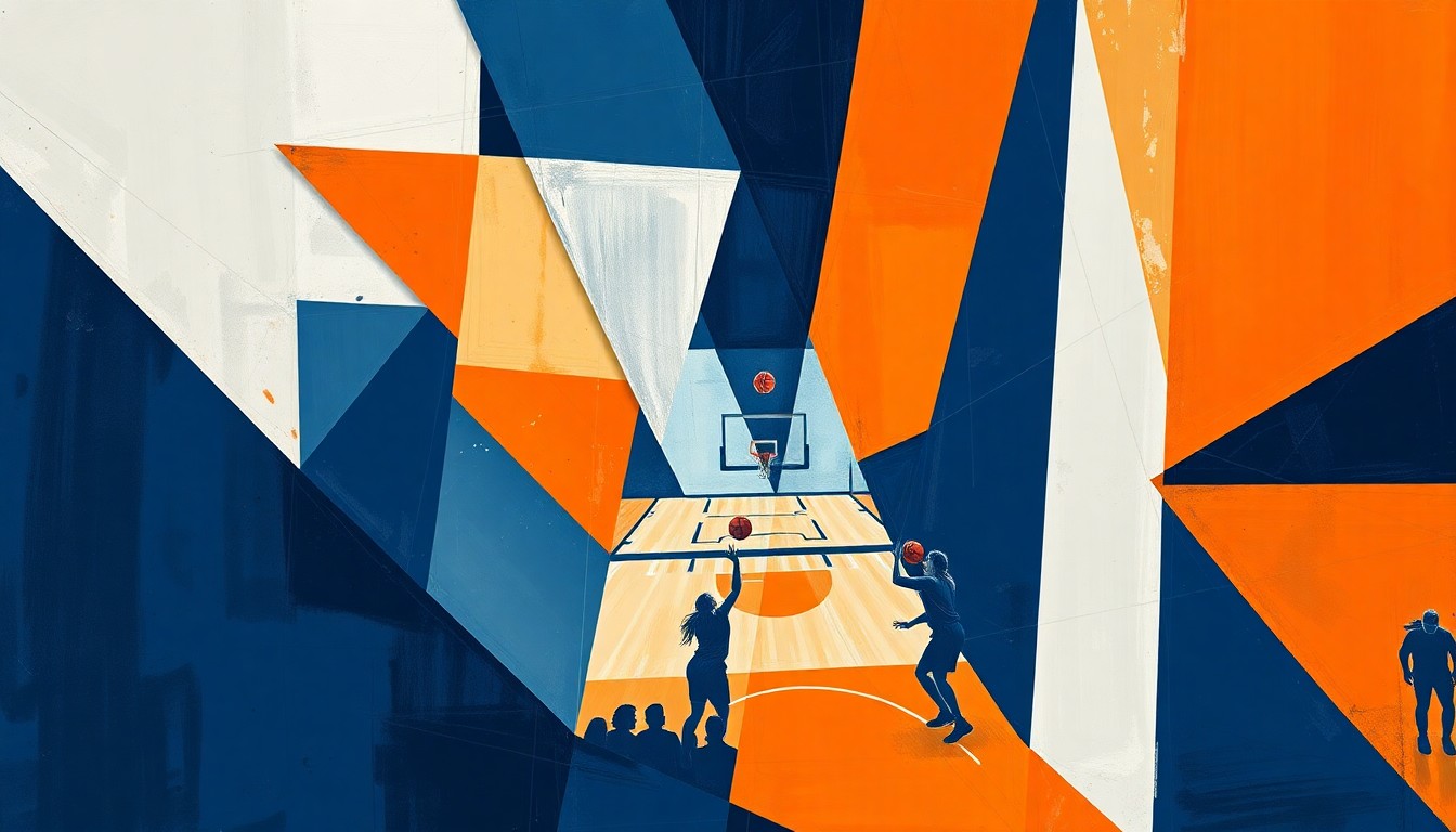 A fragmented, geometric painting in navy, orange, and white, depicting the disarray of a women's basketball game, conceptually representing the roster upheaval at the University of Florida.