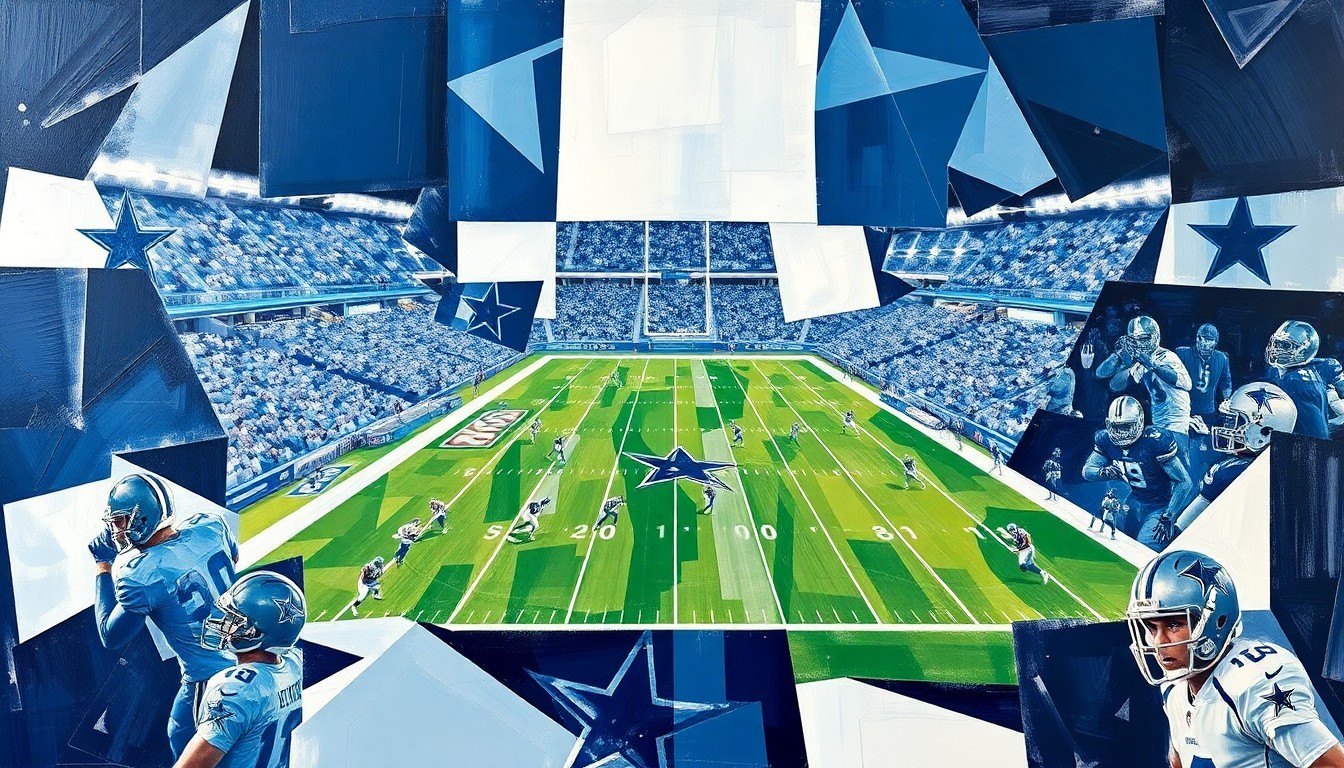 A cubist-style painting featuring sharp, overlapping geometric planes in the colors of the Dallas Cowboys, capturing the energy and movement of a football game or match.
