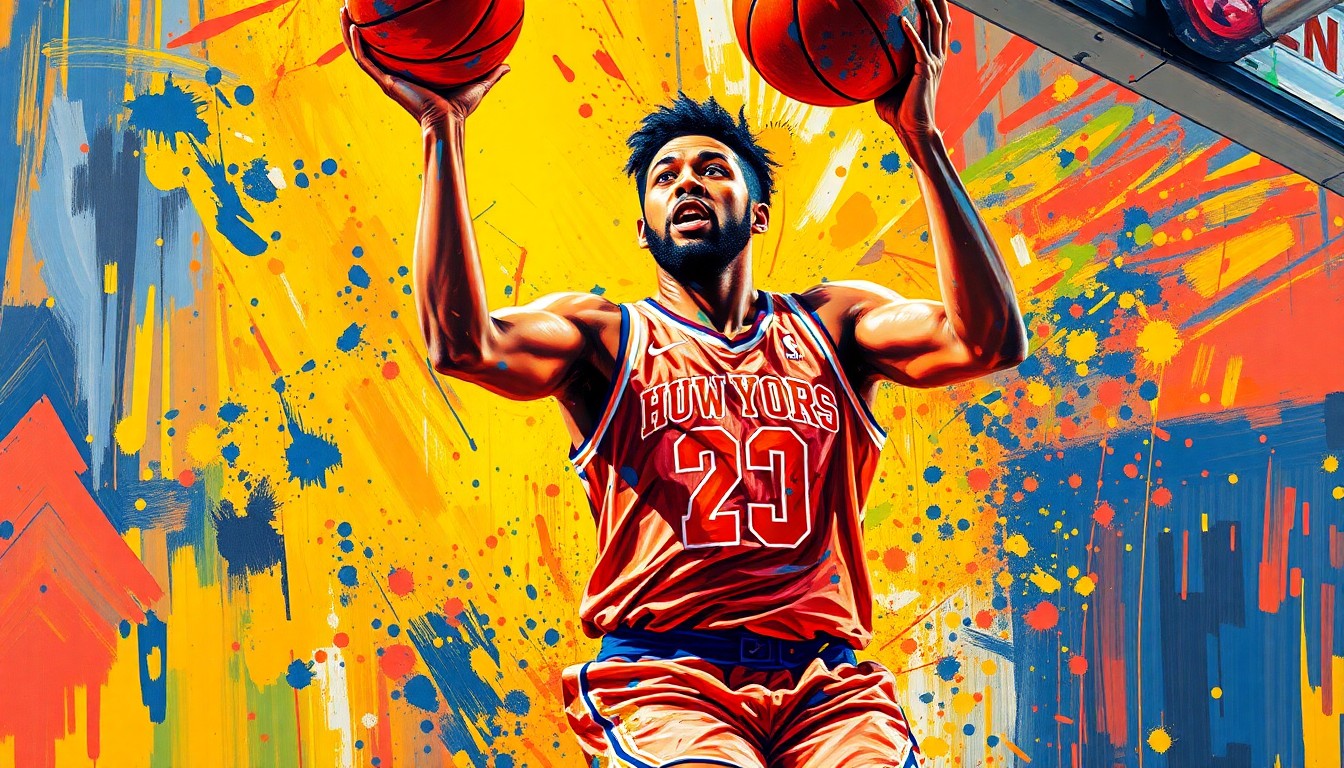 An abstract expressionist painting in vibrant neon colors, capturing the raw energy and intensity of a basketball player driving to the hoop, their face and jersey dissolving into unrecognizable brushstrokes.