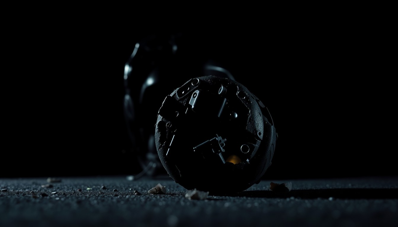 An extreme close-up of a twisted, damaged motorcycle part reflecting a harsh, bright light, conceptually illustrating the violence of the fatal crash.