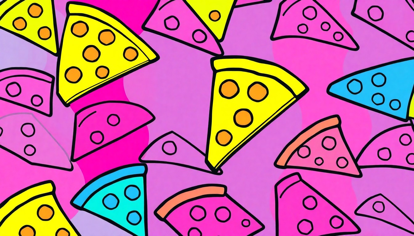 A vibrant, high-contrast silkscreen print featuring a single, iconic pizza slice repeated in a tight grid pattern, using a bold neon color palette and heavy black outlines to transform the everyday pizza into a modern pop art piece.