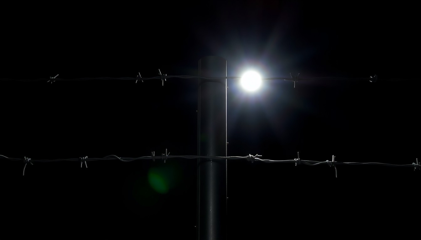 An extreme close-up photograph of a metal fence post with barbed wire, lit by a harsh camera flash against a pitch-black background, conceptually representing the confrontation between protesters and security measures at a research facility.