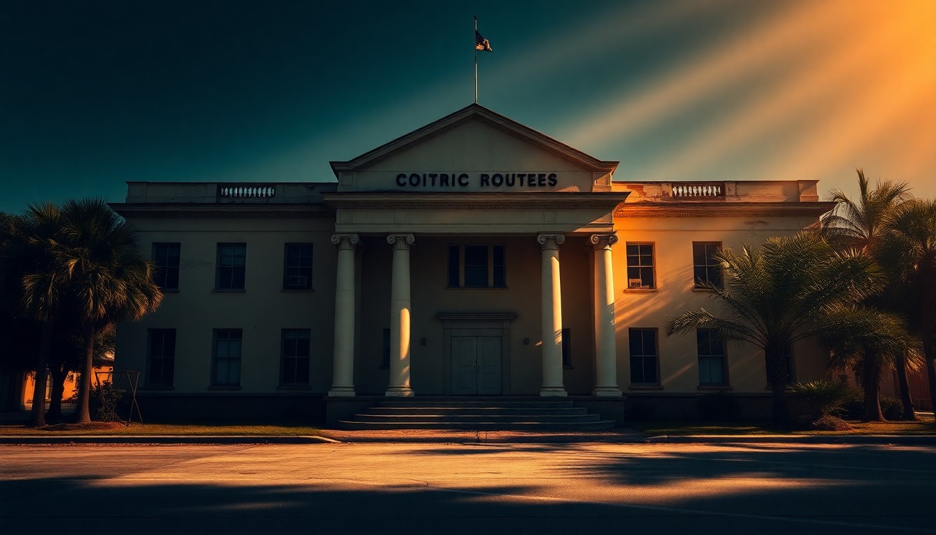 A cinematic painting of a rundown government building in Arcadia, Florida, with warm sunlight and deep shadows creating a melancholic mood, conceptually representing the civic frustration expressed in a resident's letter.