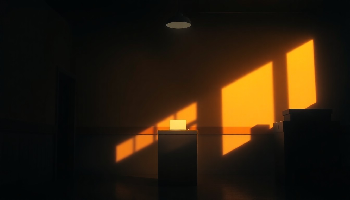 A softly lit, cinematic painting of a lone ballot box sitting in a dimly lit polling station, with warm sunlight casting dramatic shadows across the scene, conveying a sense of anticipation and uncertainty about the state's political future.