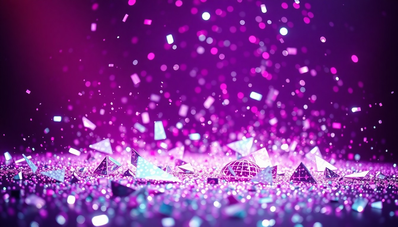 An extreme close-up photograph of shattered, glittering disco glass in shades of pink, purple, and silver, capturing the celebratory energy and nostalgic glamour of a major music festival performance.