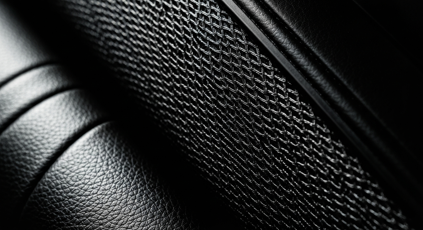 An extreme close-up of a textured automotive part, such as a pebbled leather car seat or a woven mesh air filter, captured in dramatic lighting to convey the care and precision of the auto repair work.