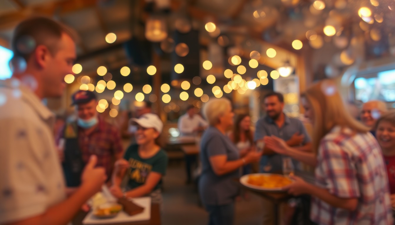 An abstract, impressionistic scene of a community event with blurred figures, warm lighting, and a sense of celebration and togetherness.