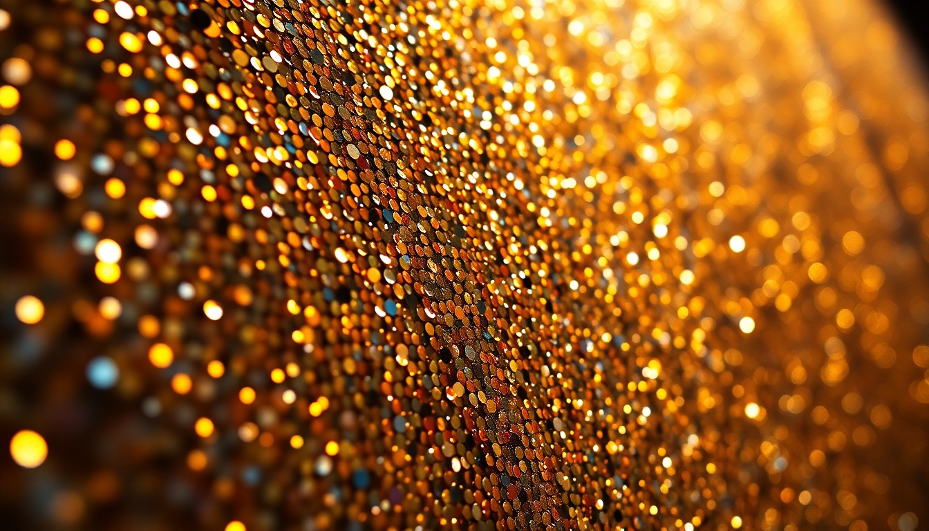 An extreme close-up of shimmering, glittering sequins in dramatic, high-contrast studio lighting, conceptually representing the glamour and energy of a music festival stage.