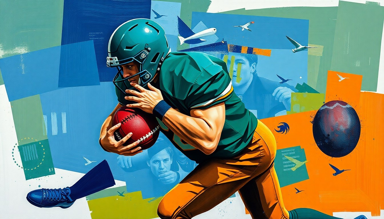 A fractured, geometric painting depicting a football player in motion, their body broken down into sharp, overlapping planes of navy, green, and orange, conveying the explosive energy of a dominant defensive play.