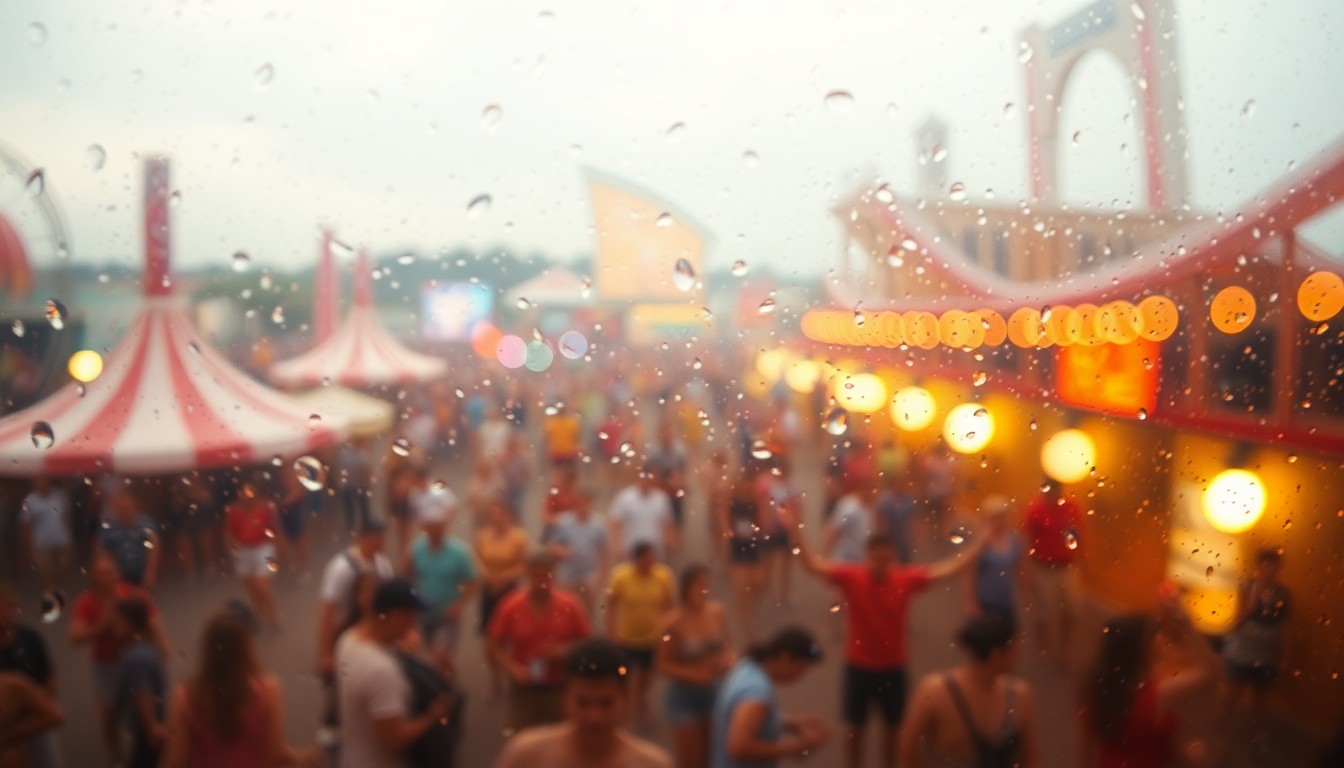 An abstract, impressionistic photograph of a crowded festival scene, with blurred figures, colorful lights, and a sense of energy and celebration captured in the soft, hazy focus.