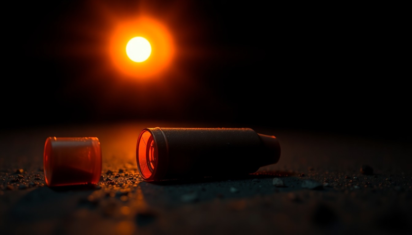 An extreme close-up photograph of a rubber bullet casing on the ground, reflecting the harsh flash of a camera in a pitch-black background, conceptually representing the confrontation between protesters and law enforcement.