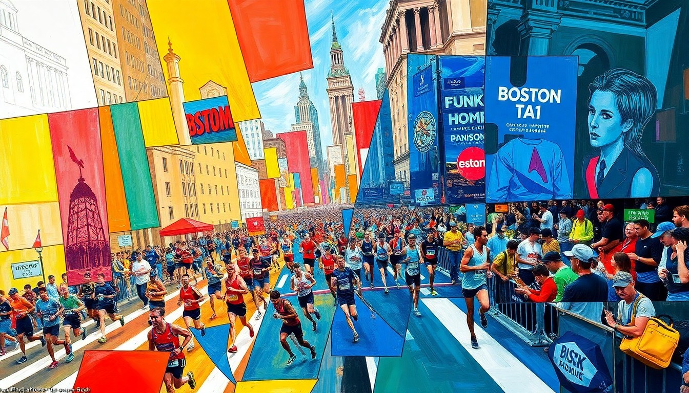 A fractured, multi-perspective painting in a cubist style, breaking down the Boston Marathon course and participants into sharp, overlapping geometric shapes and planes of color.