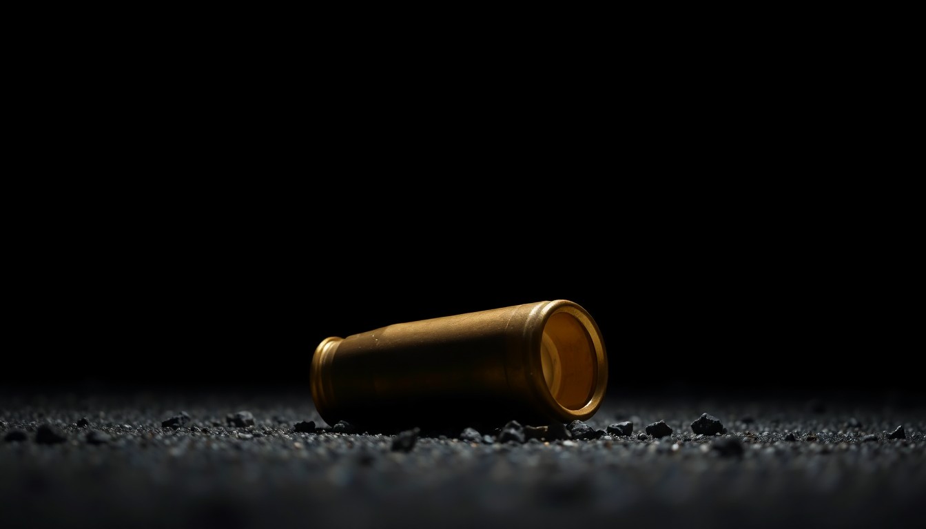 An extreme close-up photograph of a spent shell casing on the ground, reflecting a bright flash of light and creating a stark, gritty, investigative aesthetic.