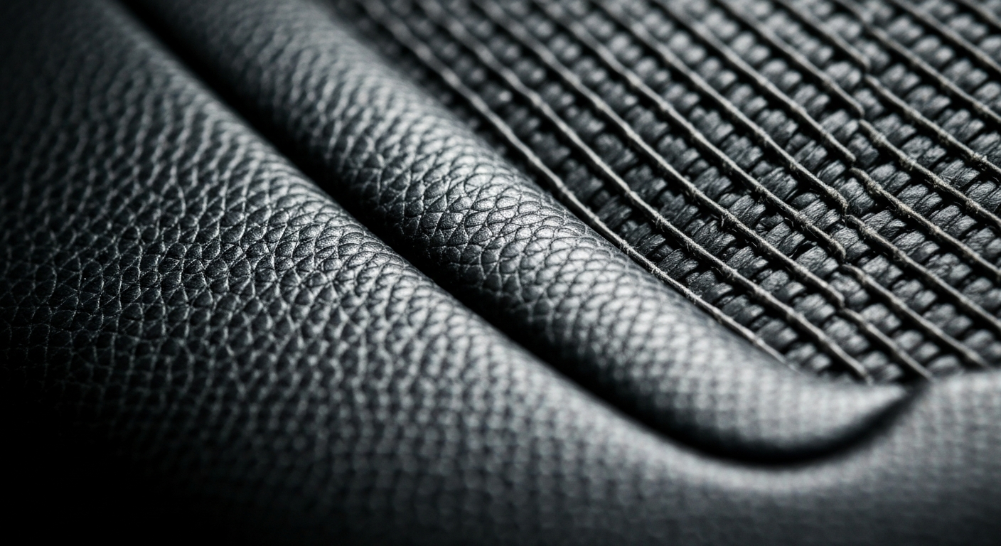 An extreme close-up photograph showcasing the detailed, patterned textures of an automotive component, such as a piece of leather or metal, conveying the artistry and engineering behind the automotive industry.