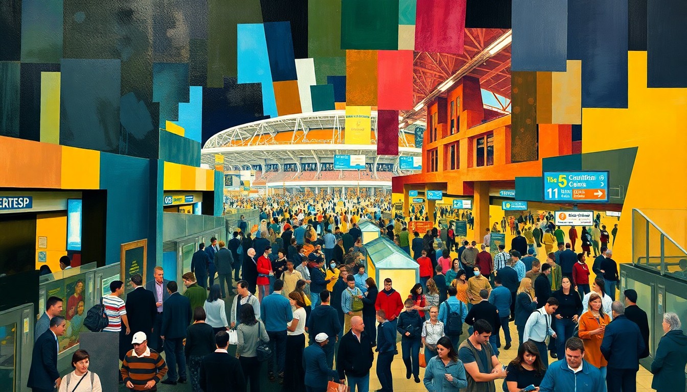 A fragmented, cubist-style painting depicting the chaotic scene of a crowded transportation hub near a large sports stadium, with overlapping geometric shapes and planes of color representing the challenges of moving large crowds.