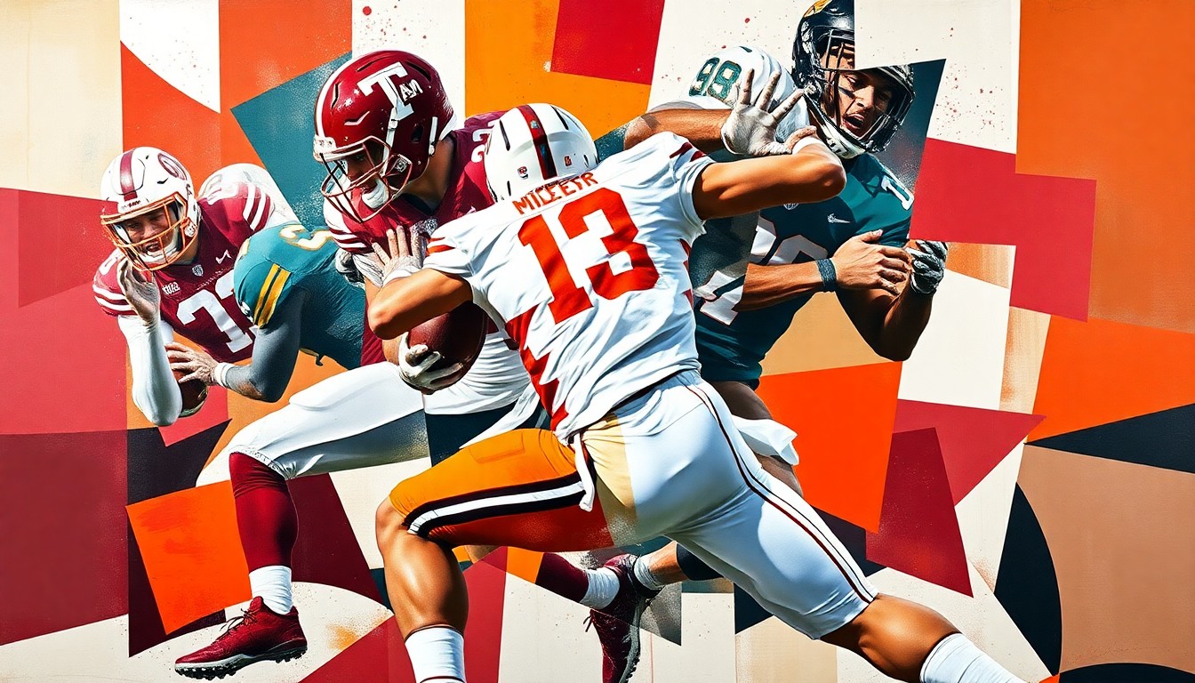 A cubist, geometric painting depicting the fractured motion of a football player blocking, with sharp planes of maroon, orange, and white colors representing the competing schools of Texas A&M and Miami.