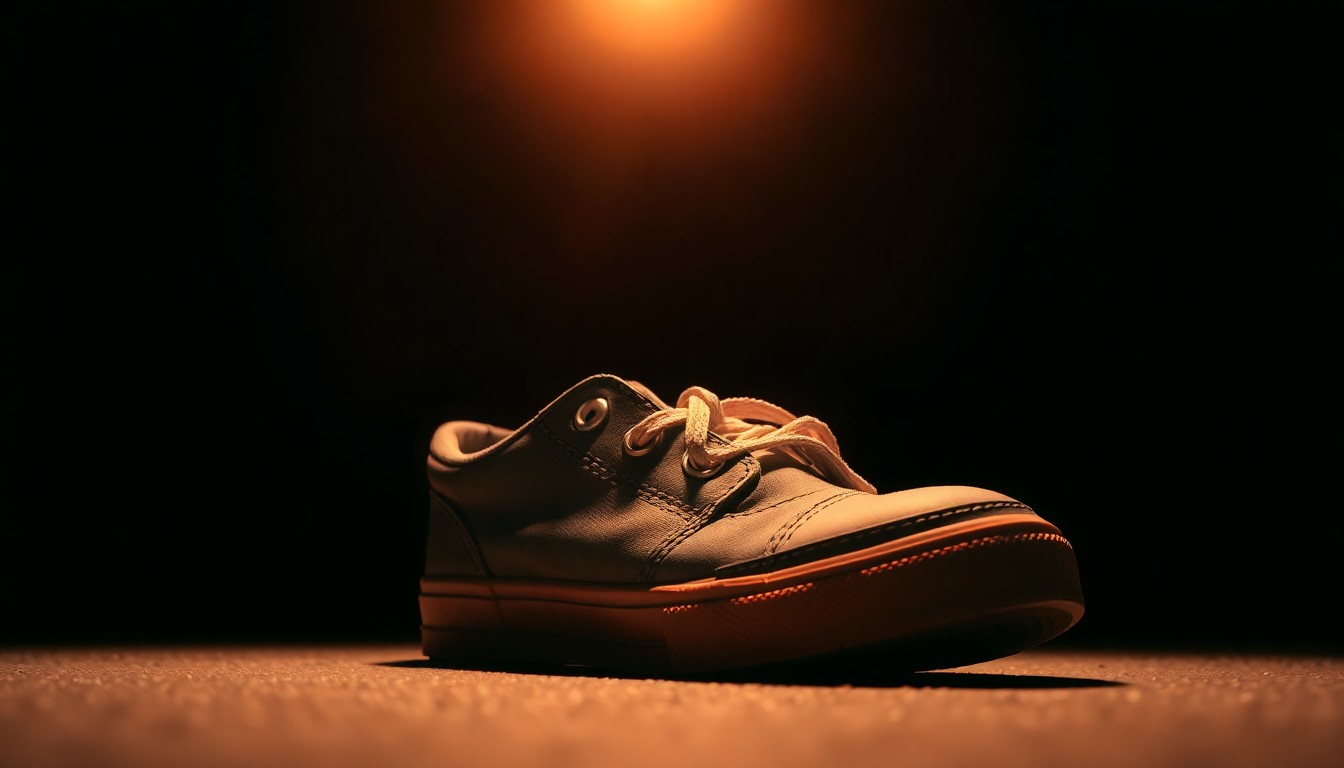 An extreme close-up photograph of a child's shoe or article of clothing, lit by a harsh, direct camera flash against a pitch-black background, conceptually representing the search for a missing child.