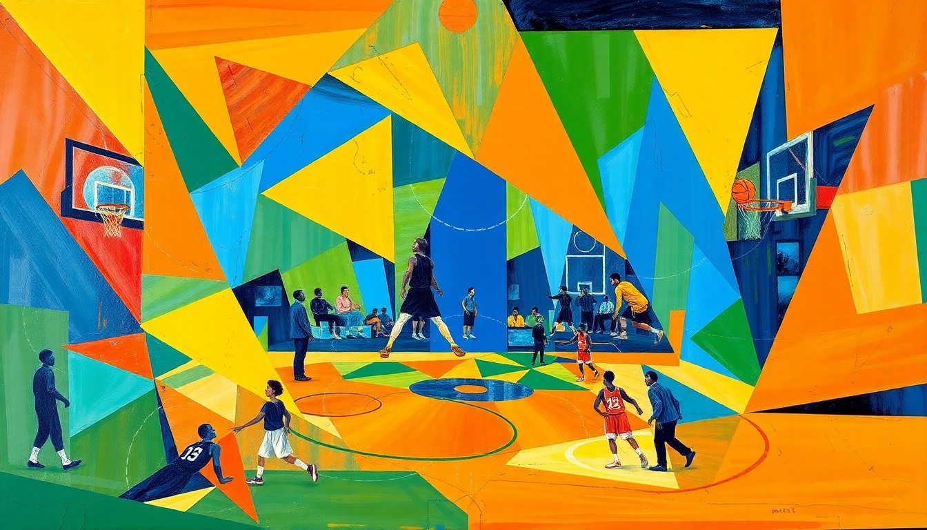 A cubist, geometric painting depicting a fragmented basketball game, with overlapping planes of vibrant orange, blue, and green colors, conveying the energy and intensity of the Knicks' playoff matchup against the Hawks.