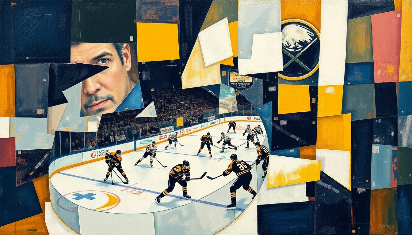 A cubist, geometric painting depicting a hockey game in motion, with players and the puck rendered as overlapping, angular shapes in a vibrant color palette.