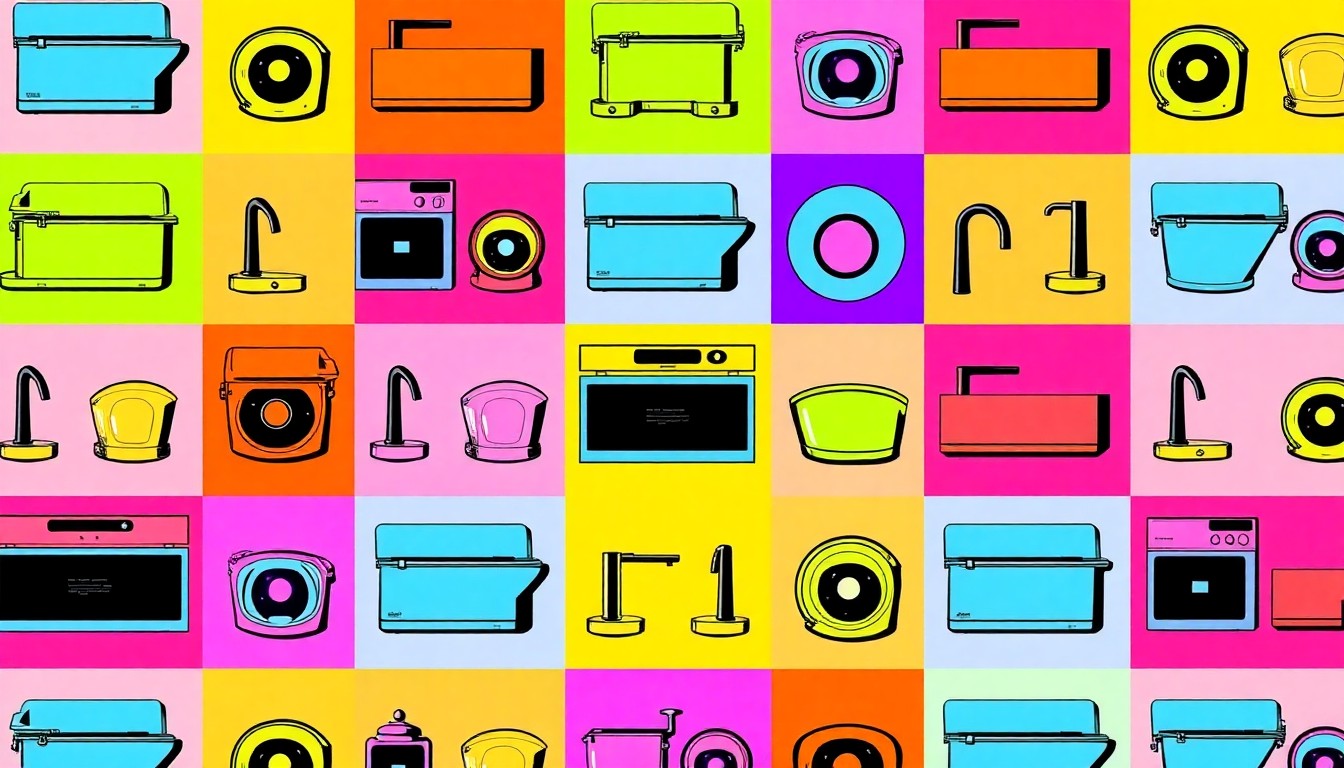 A high-contrast, silkscreen-style grid of a single luxury home object, such as a kitchen appliance or bathroom fixture, rendered in a bold, neon color palette to capture the modern, upscale aesthetic of the property.