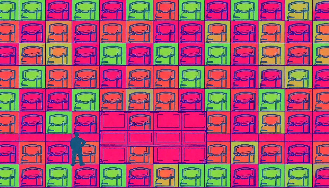 A high-contrast silkscreen print in neon colors depicting a repeating pattern of a single architectural element from a luxury home, such as a garage door or window, creating a bold, abstract pop art composition.