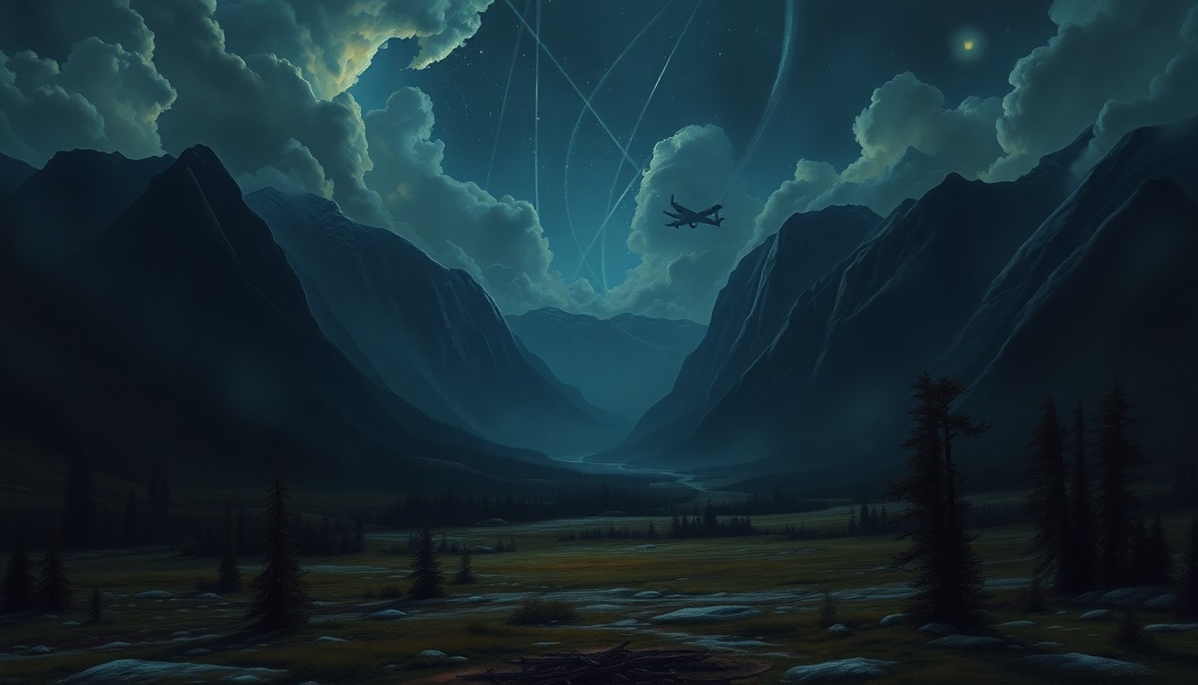 A sweeping, atmospheric landscape painting in muted blues and grays, depicting the vast, isolated expanse of the Hungryland Preserve at night, with a small plane wreckage barely visible in the distance, dwarfed by the overwhelming scale of the natural environment.