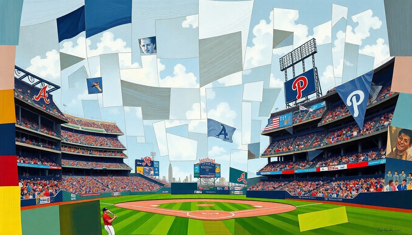 A fragmented, multi-angled painting depicting a baseball game between the Atlanta Braves and Philadelphia Phillies, with sharp geometric shapes and planes of color representing the dynamic action on the field.