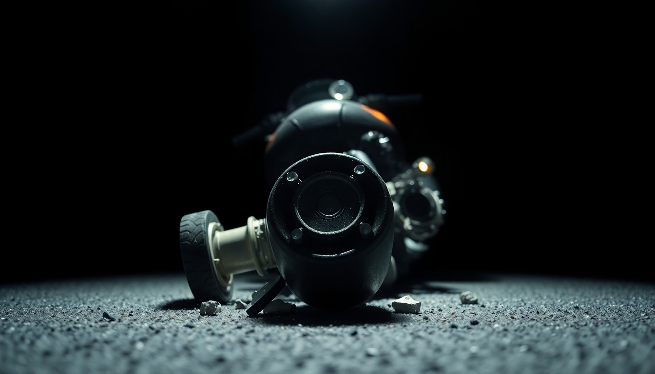 An extreme close-up photograph of a twisted, damaged motorcycle part reflecting harsh, direct lighting, conveying the gritty aftermath of a fatal traffic accident.