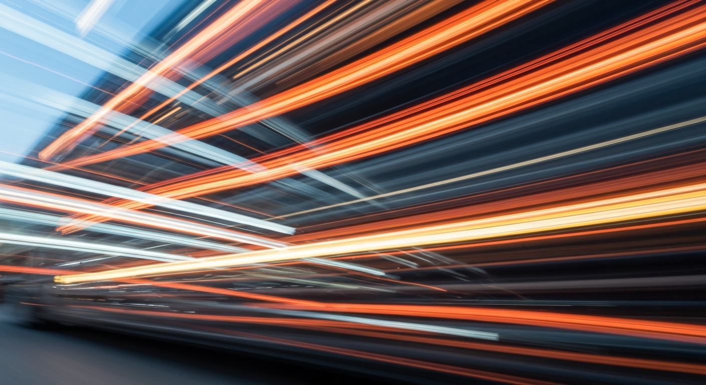 An abstract, colorful image created through a slow-shutter, panning camera technique, depicting a blurred and streaked vehicle in motion, conveying a sense of speed, modern engineering, and the need for improved road safety.
