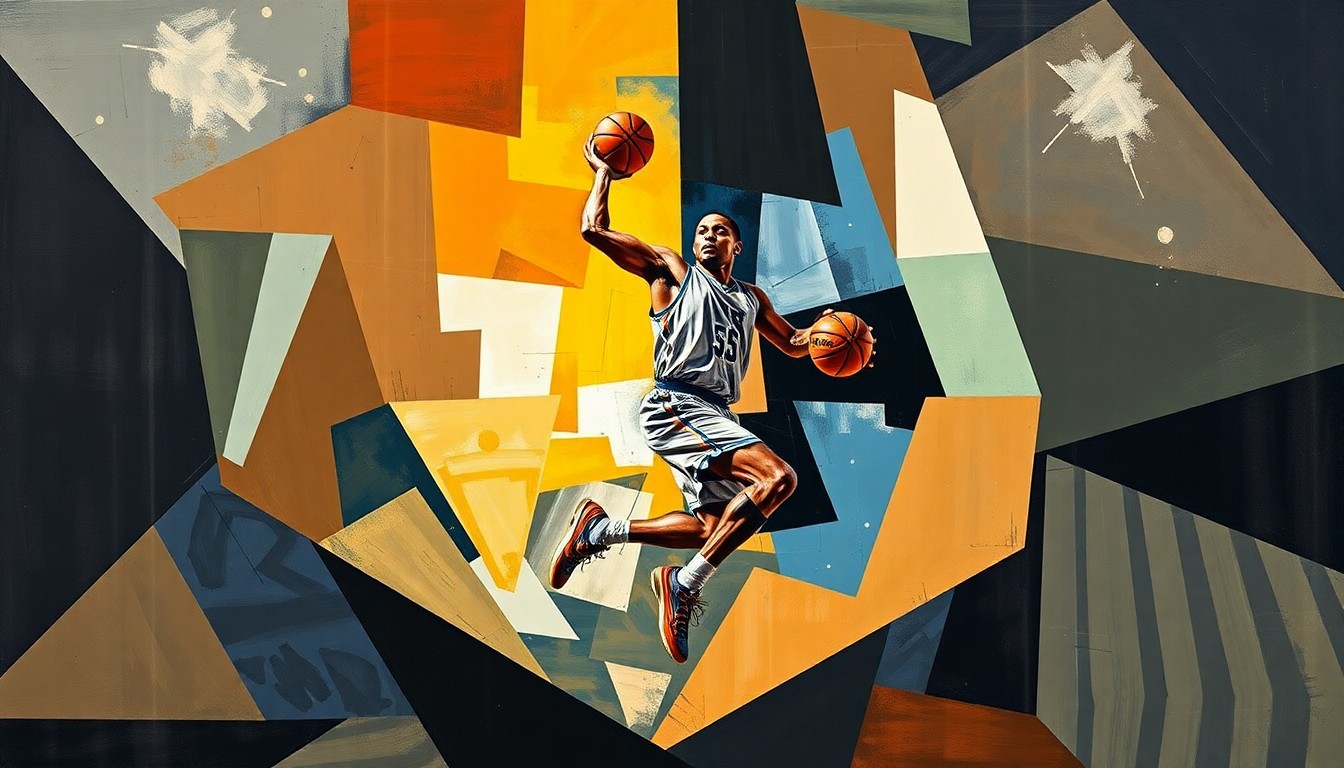 A cubist, geometric painting depicting the movements and actions of a basketball player, with sharp, overlapping shapes and planes representing the dynamic nature of the sport.