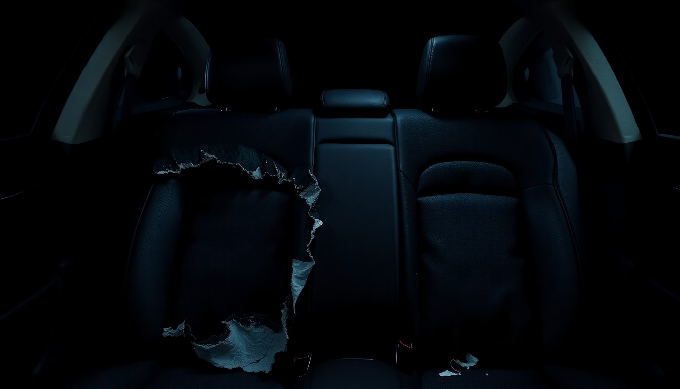 An extreme close-up photograph of a ripped, damaged car seat upholstery, conceptually representing the aftermath of a staged 'bear attack' on a luxury vehicle as part of an insurance fraud scheme.