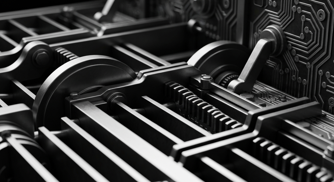 A dramatic close-up of heavy, metallic banking machinery and mechanisms, conveying a sense of financial security and institutional power without using any literal currency or financial symbols.