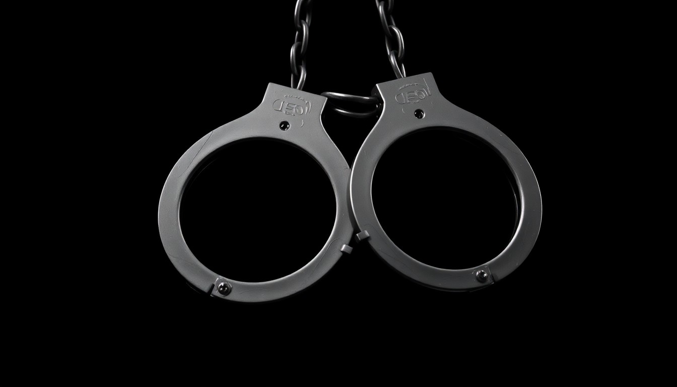 An extreme close-up photograph of a pair of handcuffs against a pitch-black background, creating a stark, gritty, and investigative aesthetic.