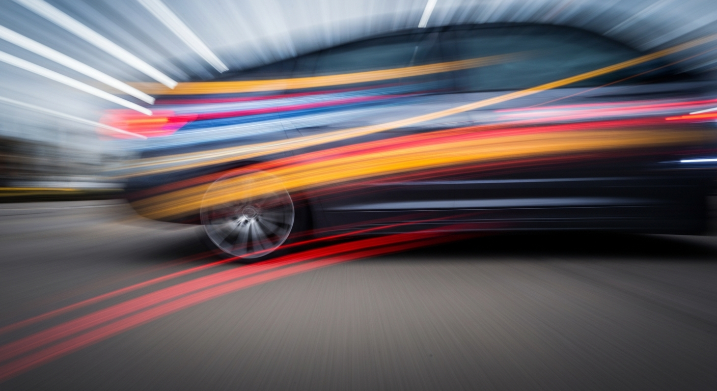 An abstract, colorful image with sweeping, blurred lines representing the motion of an electric vehicle, conveying the dynamic transformation of the auto repair industry in downtown Grand Rapids.