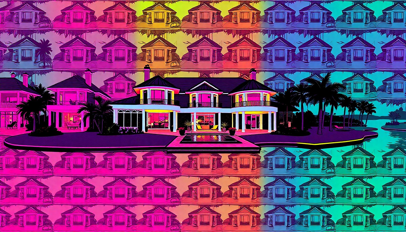 A brightly colored, silkscreen-style illustration of a lakefront home with a pool, rendered in a grid pattern of flat, neon-like hues and heavy black outlines, conveying the modern, stylized aesthetic of this luxury Rockwall property.