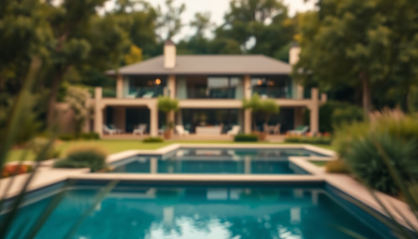 An extremely abstracted, out-of-focus photograph in soft pools of warm color and light, depicting the exterior of a large, modern home surrounded by lush greenery, a sparkling pool, and a faint outline of a creek in the background, conceptually illustrating the property's serene natural setting.