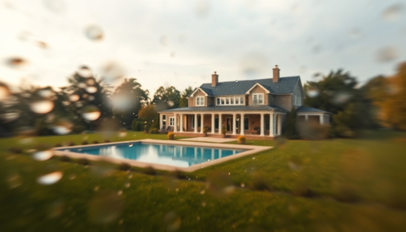 An abstract, dreamlike image of a secluded country estate, with a large modern farmhouse, sparkling pool, and lush greenery captured in soft, hazy washes of warm, earthy colors and gentle light.
