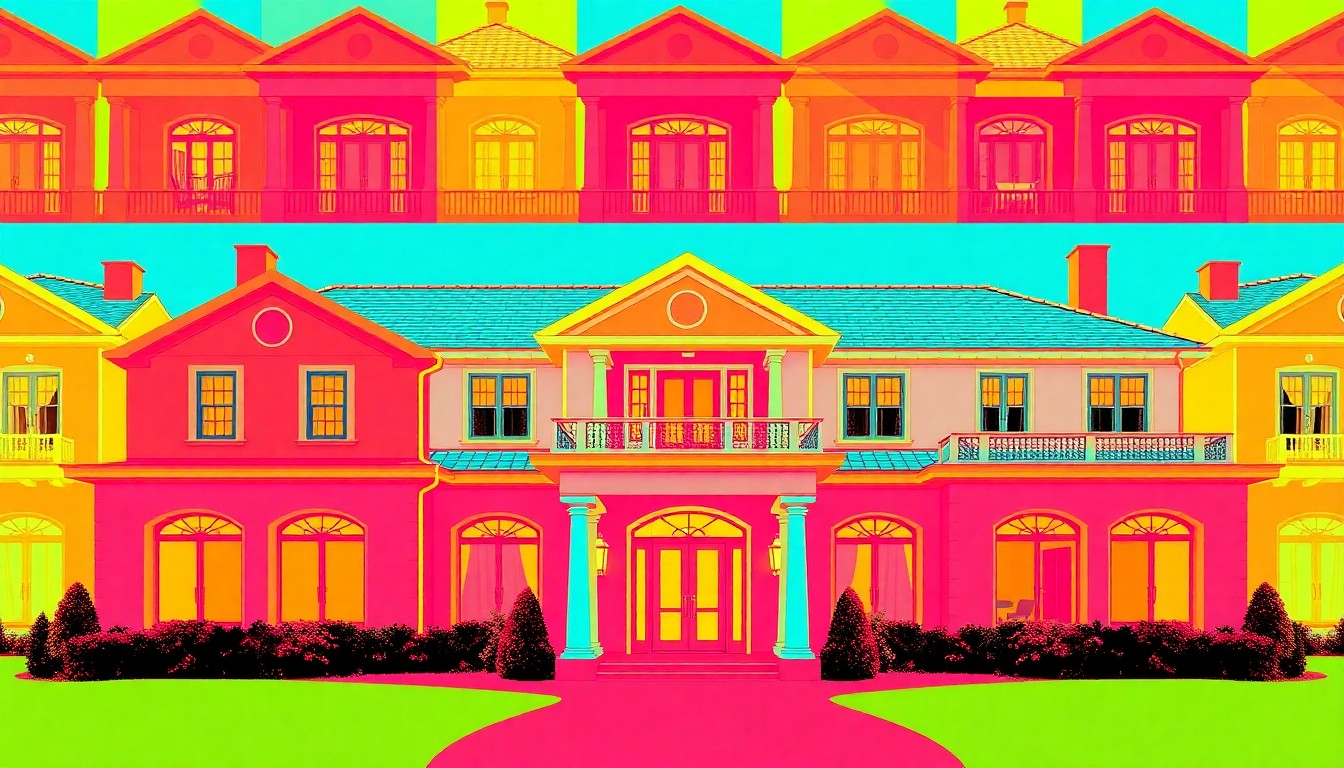 A brightly colored, high-contrast silkscreen print of a luxury home exterior repeated in a tight grid pattern, utilizing flat, vibrant neon colors and heavy black outlines to transform the everyday into modern pop art.