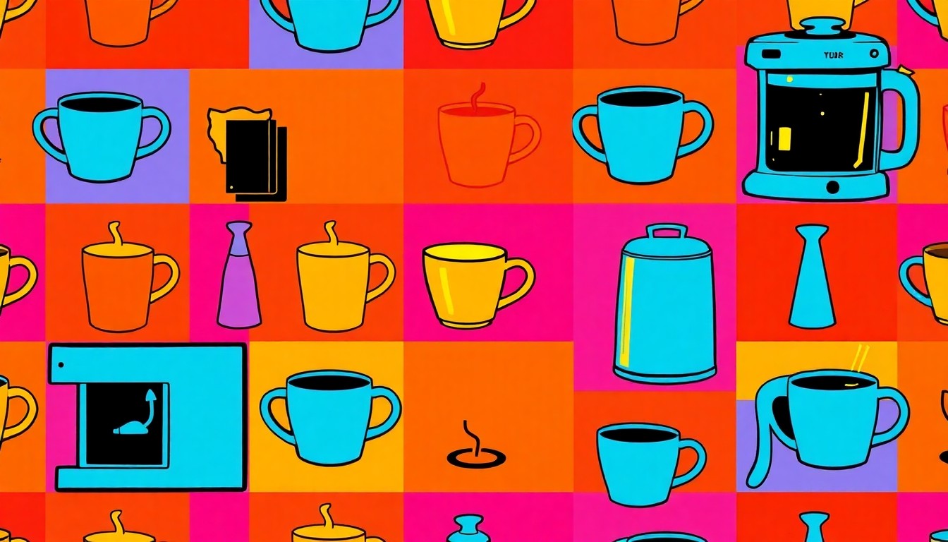 A high-contrast, silkscreen-style illustration featuring a repeated pattern of a sleek kitchen appliance or furniture piece in a bold, neon color palette, conceptually representing the sophisticated design and finishes of the featured home.