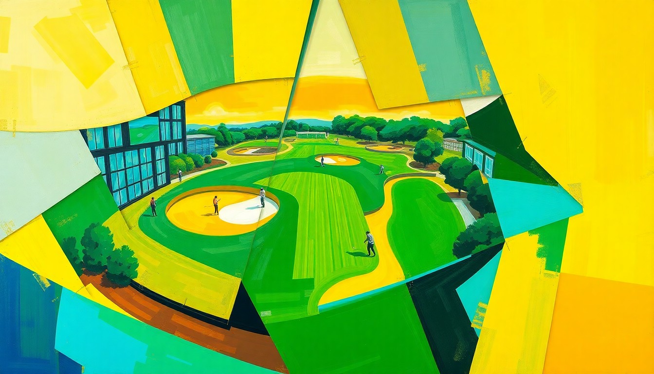 A fragmented, geometric painting depicting a golf tournament or match, with sharp planes of emerald green, azure blue, and golden yellow overlapping to create a dynamic, multi-angled visual representation of the sport.