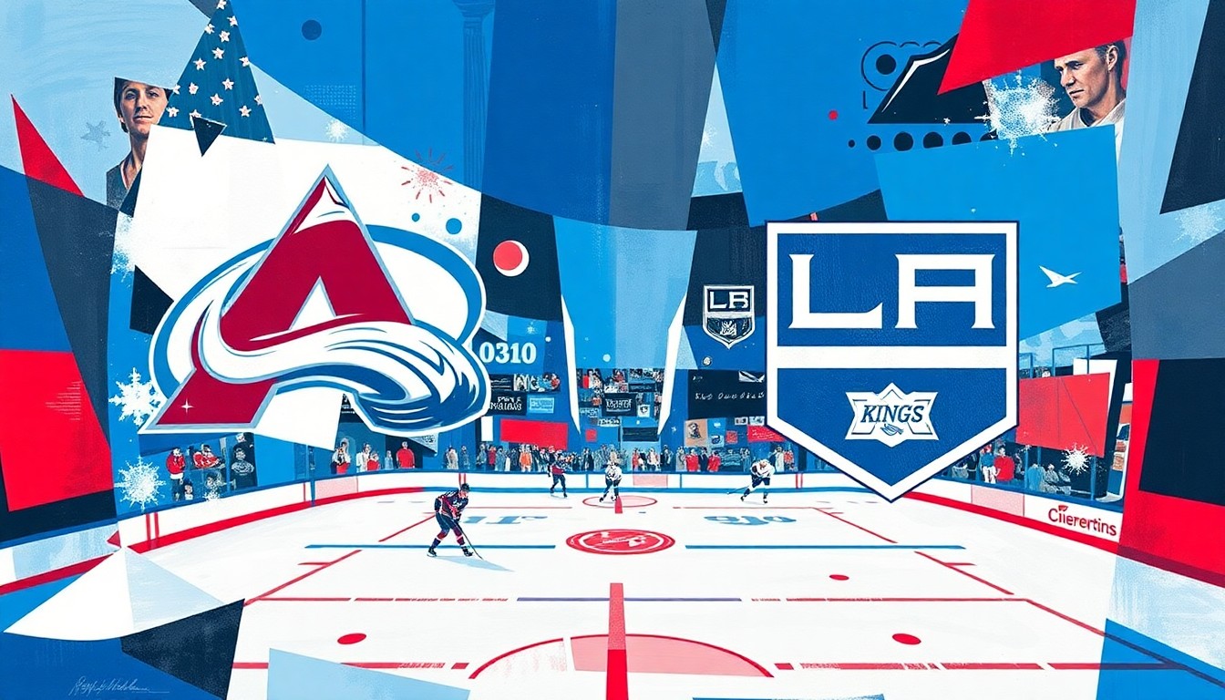 A cubist, geometric painting depicting the action and energy of a hockey playoff series, with sharp, overlapping planes of color representing the competing teams.