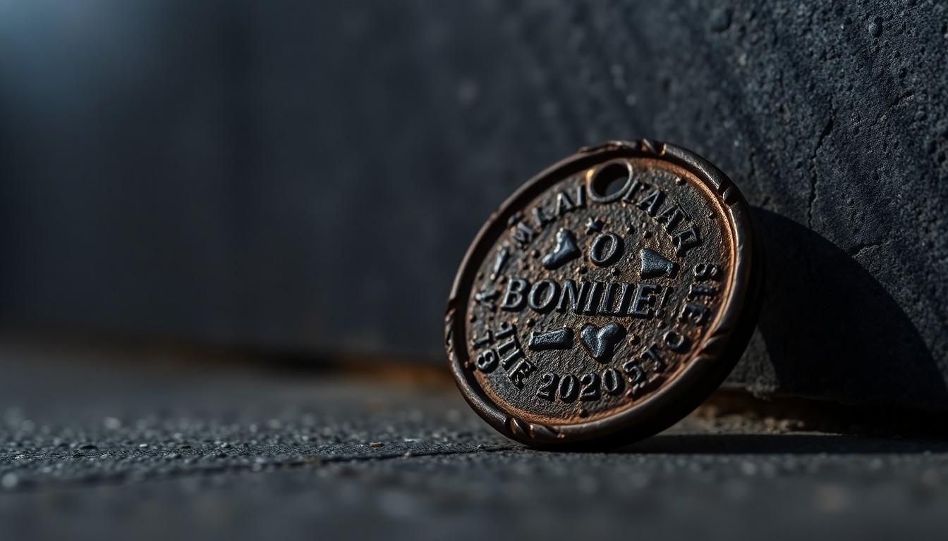 An extreme close-up photograph of a weathered, textured memorial token or object, reflecting the somber mood and reverence for the victims of the Oklahoma City bombing.