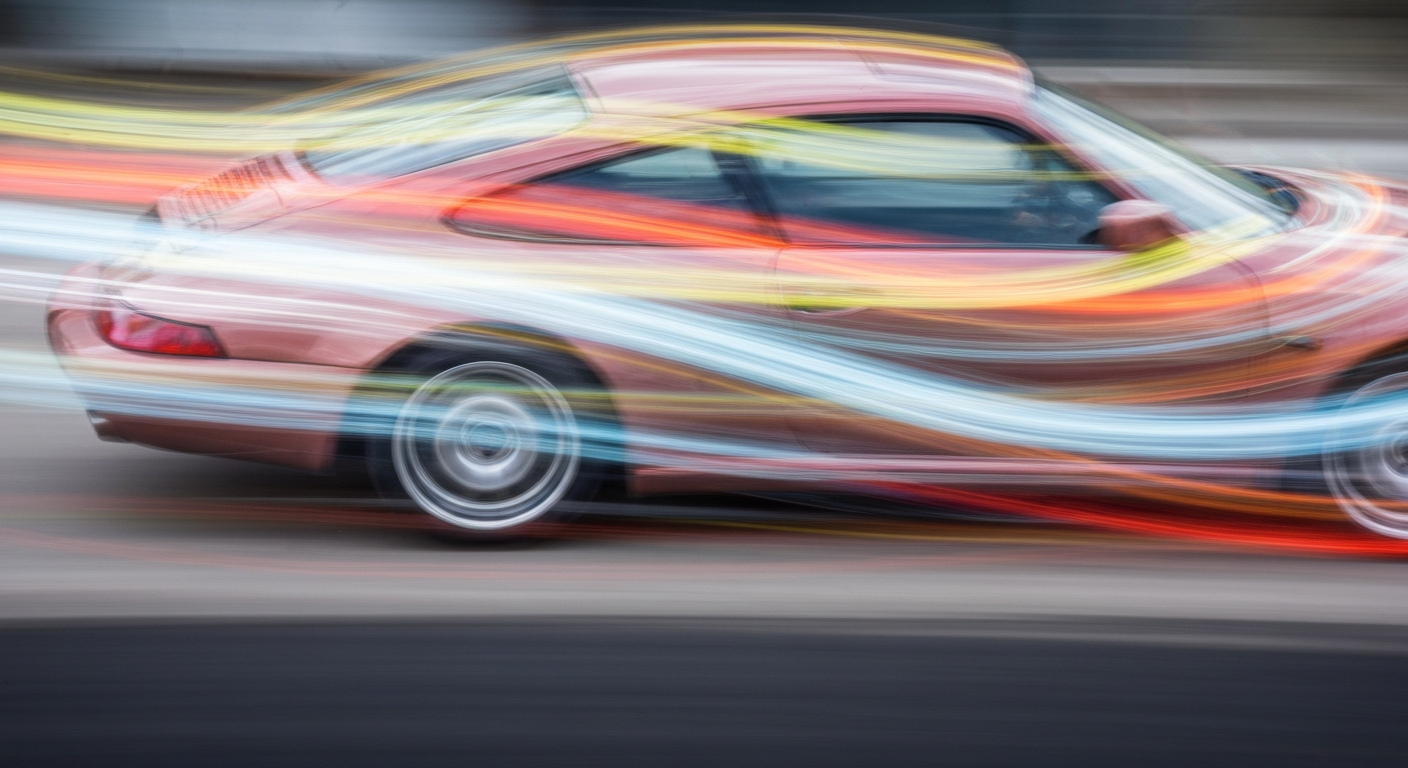 An abstract, sweeping image of a 911 sports car in motion, with vibrant streaks of color and a sense of speed and energy conveyed through the blurred, dynamic composition.