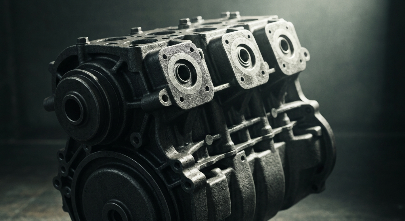 An extreme close-up photograph of the pebbled, textured surface of an automobile engine block, with dramatic lighting casting shadows and highlighting the raw materials and complex engineering.