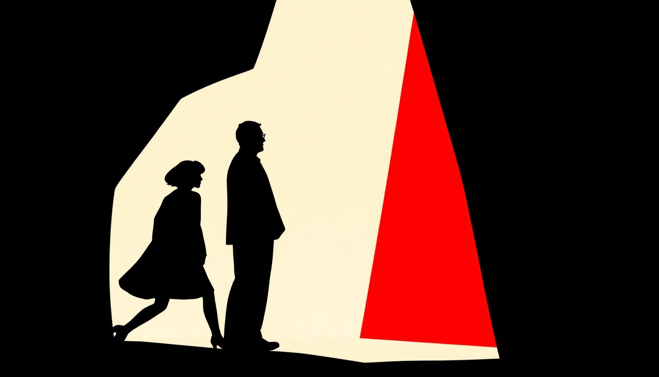 A minimalist, abstract illustration featuring bold, jagged shapes and silhouettes in high-contrast colors, representing the launch of the Silver Bridge Film Club and the premiere of the film 'The Signature'.